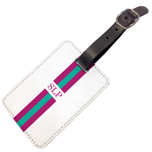 Personalised Luggage Tag Purple and Green Striped with Initials - Double Sided