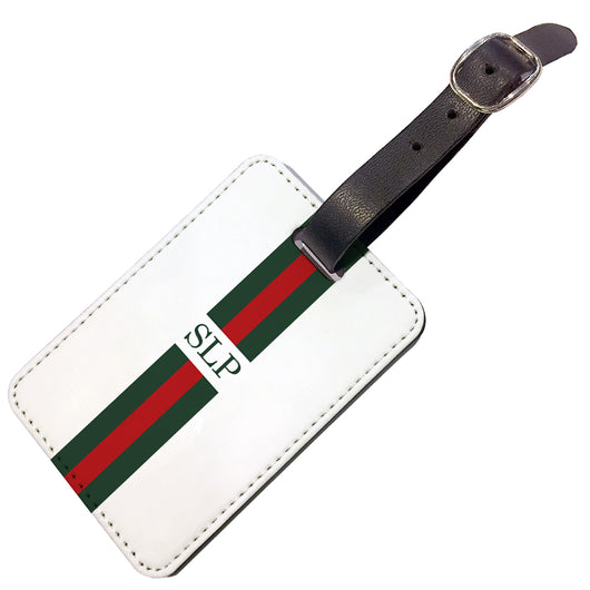 Personalised Luggage Tag Red and Green Striped with Initials - Double Sided