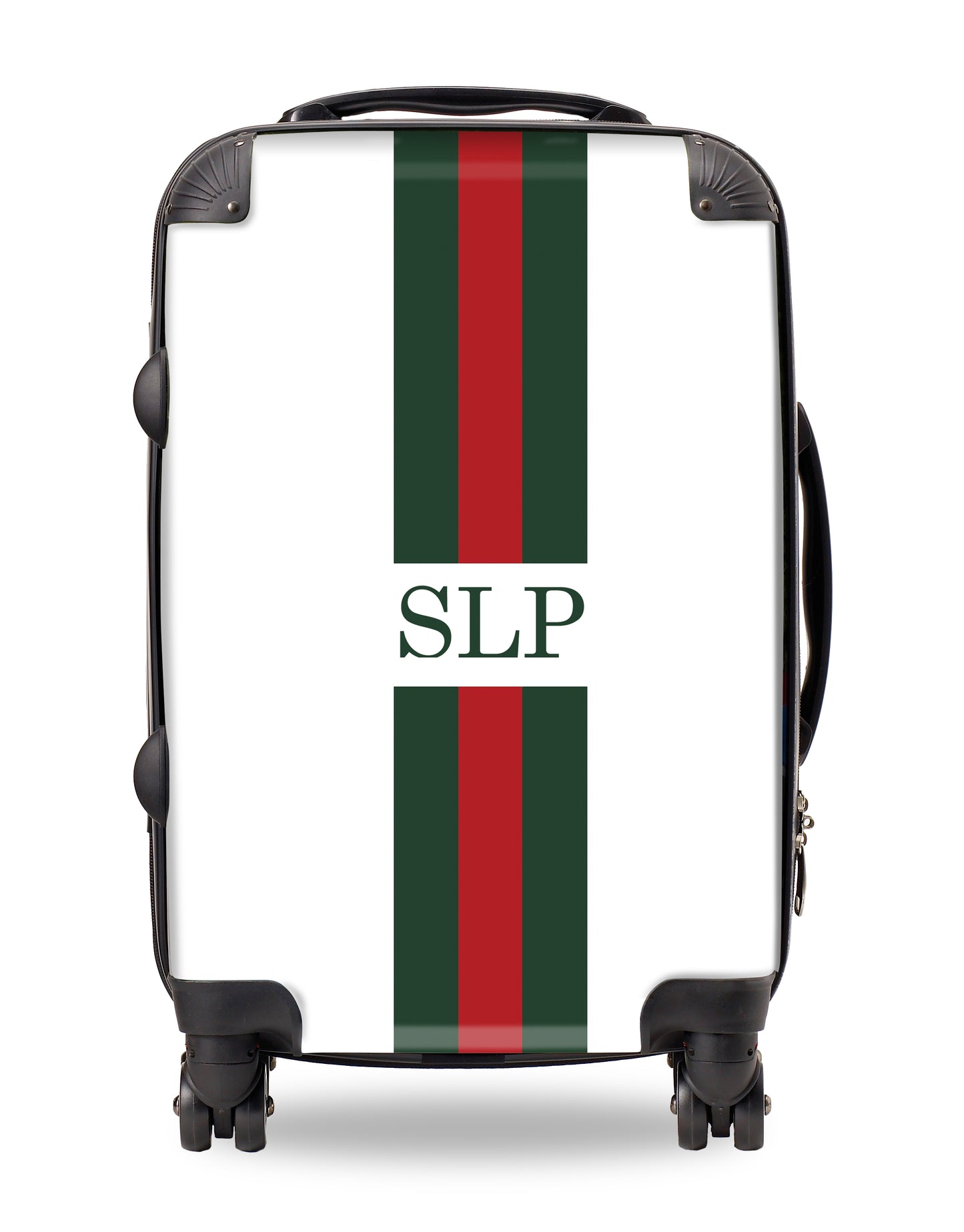 Personalised Suitcase White with Red and Green Striped with Initials