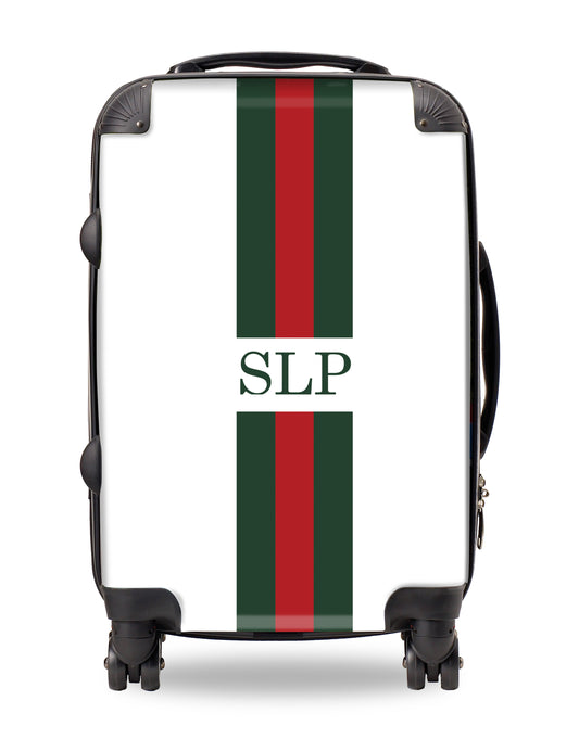Personalised Suitcase White with Red and Green Striped with Initials
