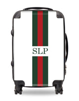 Personalised Suitcase White with Red and Green Striped with Initials