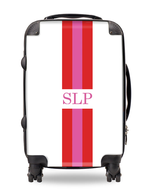 Personalised Suitcase Red and Pink Striped with Initials