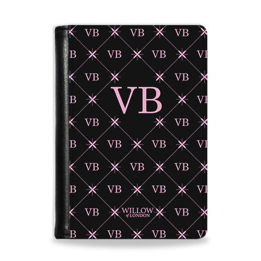 Personalised Passport Wallet Black With Multi Pink Initial Pattern