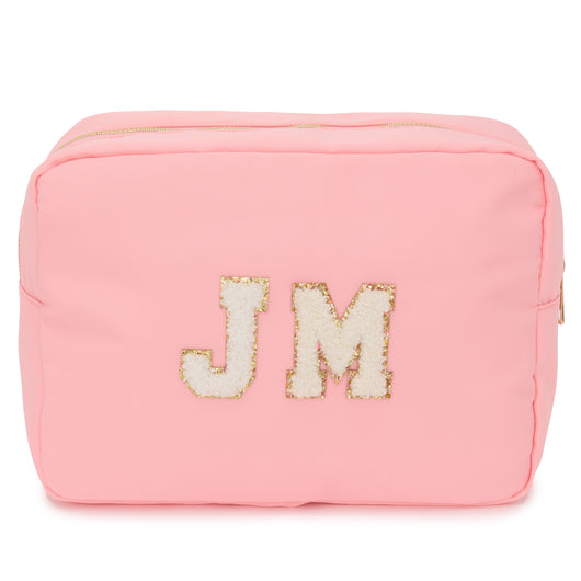 Personalised Cosmetic Pouch Waterproof with Chenille Letters Pastel Pink