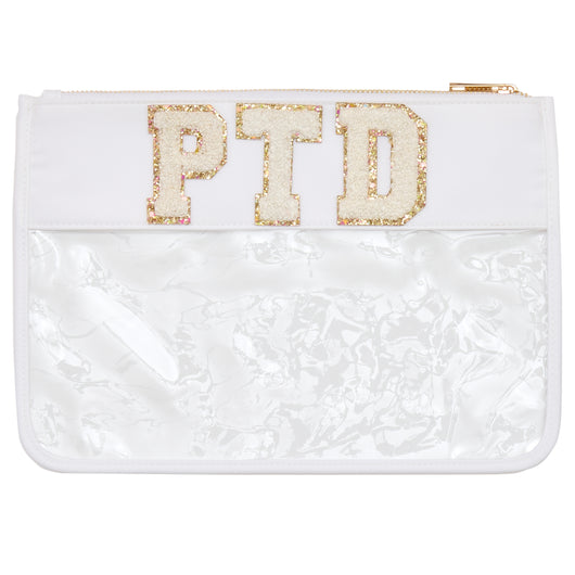 Clear Personalised Cosmetic Travel Pouch Waterproof with Chenille Letters on a White Band