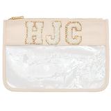 Clear Personalised Cosmetic Travel Pouch Waterproof with Chenille Letters on a Nude Band