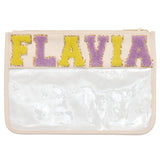 Clear Personalised Cosmetic Travel Pouch Waterproof with Chenille Letters on a Nude Band