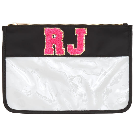 Clear Personalised Cosmetic Travel Pouch Waterproof with Chenille Letters on a Black Band