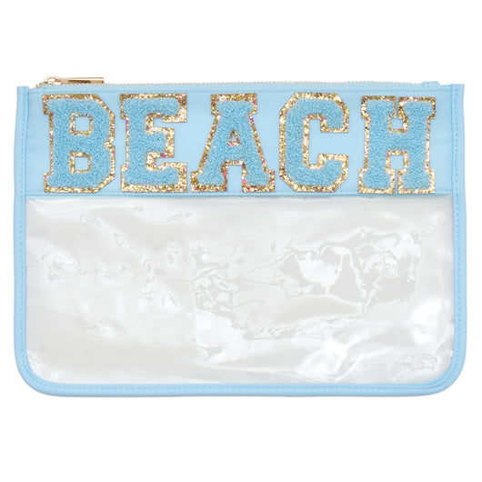 Clear Personalised Cosmetic Travel Pouch Waterproof with Chenille Letters on a Pale Blue Band