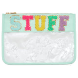 Clear Personalised Cosmetic Travel Pouch Waterproof with Chenille Letters on a Pale Green Band
