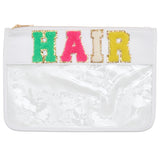 Clear Personalised Cosmetic Travel Pouch Waterproof with Chenille Letters on a White Band
