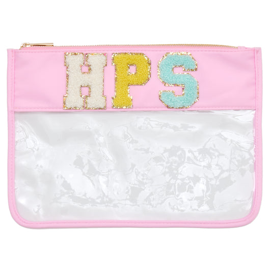 Clear Personalised Cosmetic Travel Pouch Waterproof with Chenille Letters on a Pink Band