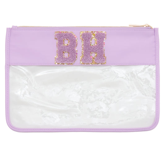 Clear Personalised Cosmetic Travel Pouch Waterproof with Chenille Letters on a Lilac Band