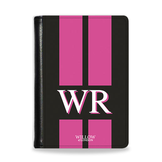 Personalised Passport Wallet Black With Hot Pink Stripes and Initials